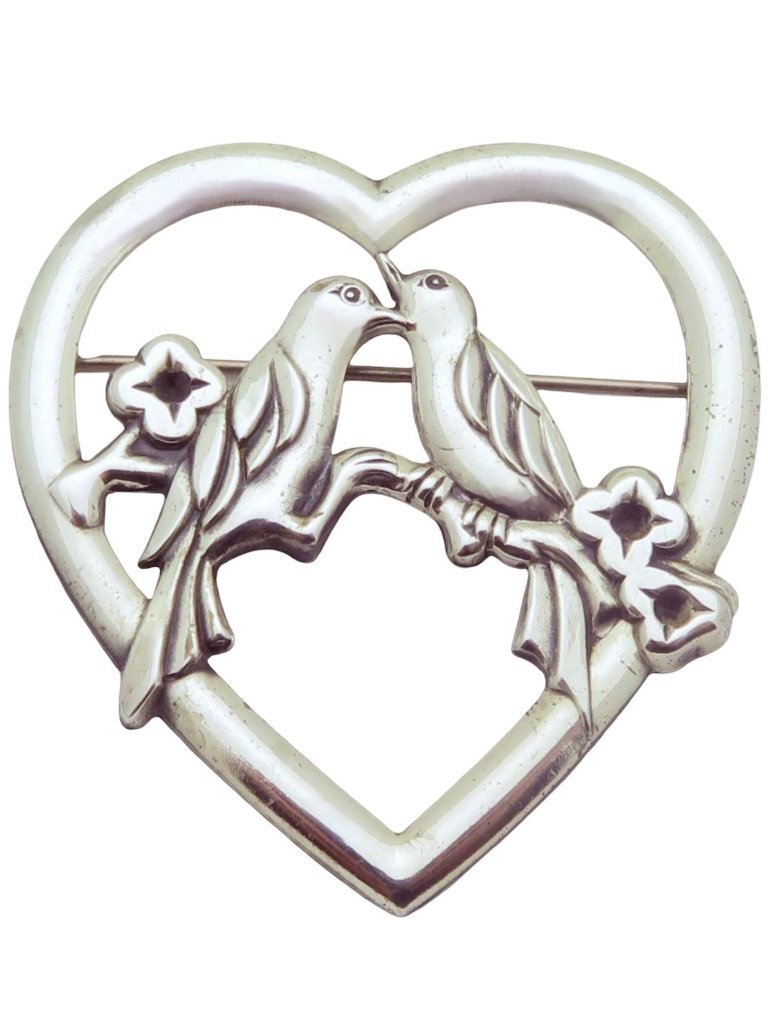 Vintage Sterling Silver Coro Lovebirds Perched On Branch Heart Brooch Pin 1940s